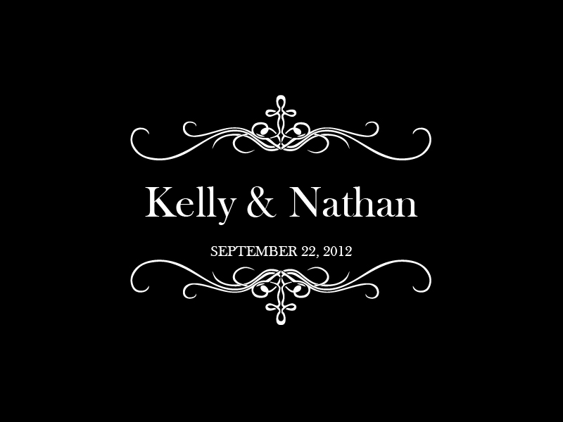 A black and white wedding photo with the names of the couple.