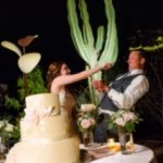 A man and woman cutting their wedding cake.