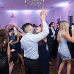 A group of people dancing in the middle of a room.